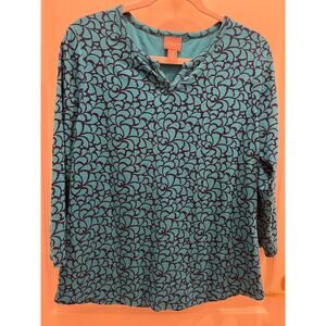 Chico's 2 (US L/12) Top 3/4 Sleeve Tee Teal Navy Floral 100% Cotton V-Neck